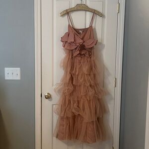 Anthropologie Pink/Peach Tulle Dress Size XS | Sequined Florals Evening Gown